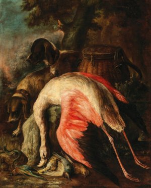 Hunting dogs with a flamingo and other game in a landscape by Baldassarre De Caro Oil Painting