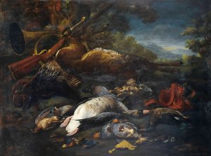 Still Life With Hunting Trophies And A Porcupine by Baldassarre De Caro Oil Painting