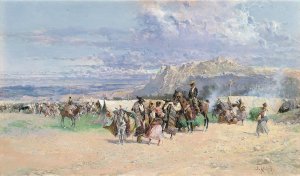 Camp at the Foot of the Mountain by Baldomer Galofre I Gimenez Oil Painting