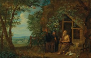 The hermits Paulus and Antonius in a landscape, fed by a raven by Balthasar Beschey Oil Painting