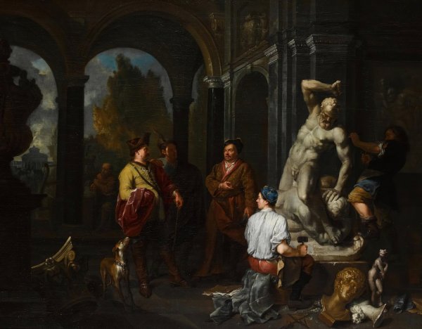 Main Product Photo of Elegant Figures Overseeing Sculptors Working On A Statue Of Hercules And Anateus In A Palace Courtyard  Painting by Balthasar Van Den Bossche