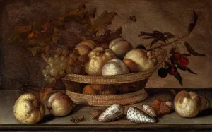 A basket with cherries, apples, peaches and a bunch of grapes, surrounded by apples, peaches, shells, bees and a dragonfly by Balthasar Van Der Ast Oil Painting