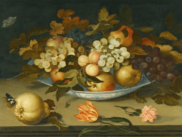 Main Product Photo of A Still Life With A Delft Bowl Containing Fruit, On A Ledge With Flowers, Insects And A Lizard Painting by Balthasar Van Der Ast
