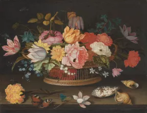 Flowers in a wicker basket on a table by Balthasar Van Der Ast Oil Painting