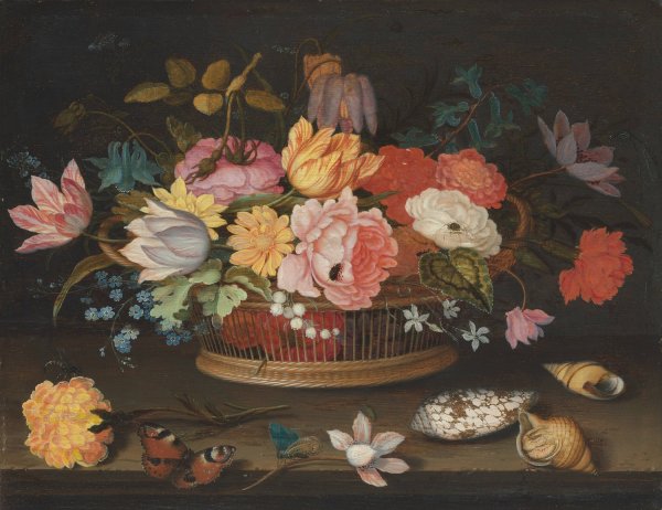 Main Product Photo of Flowers in a wicker basket on a table  Painting by Balthasar Van Der Ast