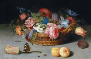 Roses, Tulips, Irises And Other Flowers In A Wicker Basket, With Fruit And Insects On A Ledge by Balthasar Van Der Ast Oil Painting