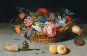 Roses, tulips, irises and other flowers in a wicker basket, with fruit and insects on a ledge by Balthasar Van Der Ast Oil Painting