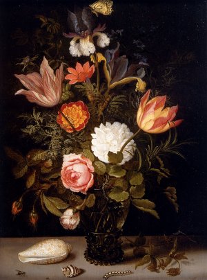 Still Life of Roses, Tulips, Irises, an African Marigold and other Flowers in a Roemer Resting on a Ledge, with Two Shells, a Butterfly and other Insects