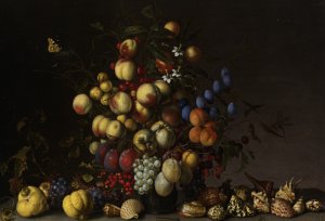 Various Fruit in a Vase with Insects and a Lizard
