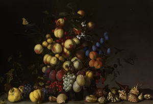 Various Fruit in a Vase with Insects and a Lizard painting by Balthasar Van Der Ast