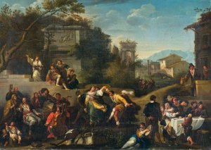 Musicians And Dancing Figures In An Ideal Landscape With Ruins And Buildings Beyond by Bamboccianti School Oil Painting