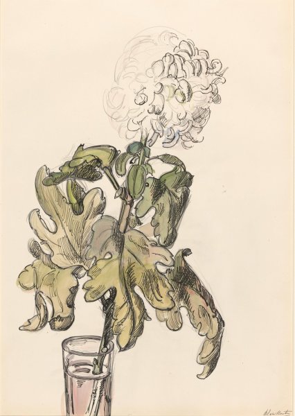 Main Product Photo of Bloeiende chrysant, in een vaasje  Painting by Barbara Elisabeth Van Houten