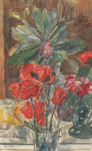 Bloemenstudie van Papavers en Rhododendrons by Barbara Elisabeth Van Houten Oil Painting