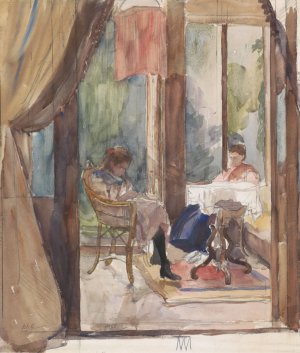 Dame en een jong meisje, beide lezend in de serre van het huis aan de Riouwstraat 6, te Den Haag by Barbara Elisabeth Van Houten Oil Painting