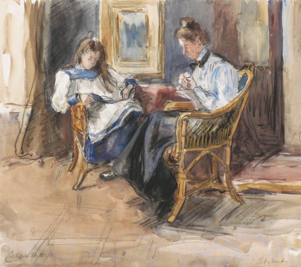 Main Product Photo of Handwerkende dame en lezend meisje in rieten stoelen gezeten, in het huis aan de Riouwstraat 6, te Den Haag  Painting by Barbara Elisabeth Van Houten