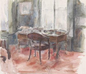 Het bureau in de studeerkamer van meneer S. van Houten, in het huis aan de Riouwstraat 6, te Den Haag by Barbara Elisabeth Van Houten Oil Painting