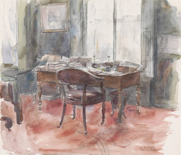 Main Product Photo of Het bureau in de studeerkamer van meneer S. van Houten, in het huis aan de Riouwstraat 6, te Den Haag  Painting by Barbara Elisabeth Van Houten
