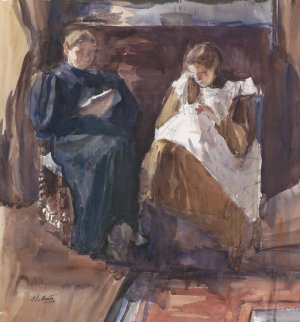 Lezende dame en bordurend meisje, van voren gezien, in het huis aan de Riouwstraat 6, te Den Haag by Barbara Elisabeth Van Houten Oil Painting