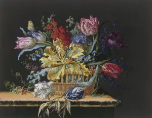 Blumenkorb Mit Tulpen, Levkojen, Rittersporn Und Anderen Blumen Auf Einem Tisch by Barbara Regina Dietzsch Oil Painting