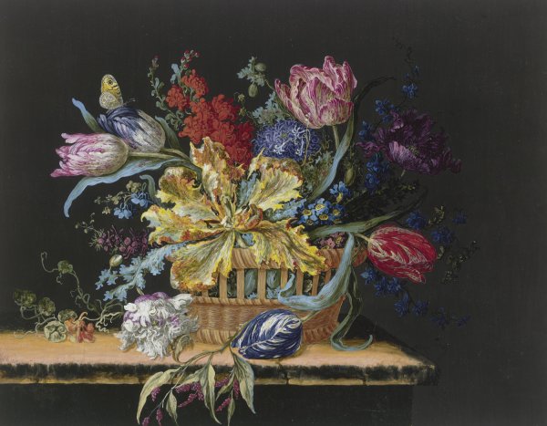 Blumenkorb Mit Tulpen, Levkojen, Rittersporn Und Anderen Blumen Auf Einem Tisch by Barbara Regina Dietzsch - Hand-Painted Oil Painting Reproduction