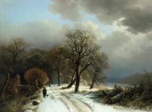 A Figure Walking His Dog on a Path in a Winter Landscape by Barend Cornelis Koekkoek Oil Painting