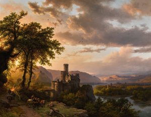 A hilly landscape with castle and travelers on a path by Barend Cornelis Koekkoek Oil Painting