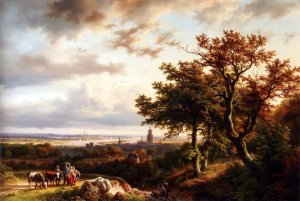 A Panoramic Rhenish Landscape With Peasants Conversing On A Track In The Morning Sun by Barend Cornelis Koekkoek Oil Painting