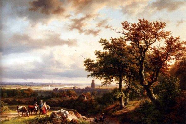 Main Product Photo of A Panoramic Rhenish Landscape With Peasants Conversing On A Track In The Morning Sun Painting by Barend Cornelis Koekkoek