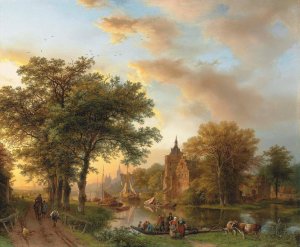 A River Landscape in Holland at Sunset by Barend Cornelis Koekkoek Oil Painting