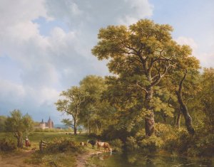 A Summer Landscape With cows Watering, A Castle In The Distance by Barend Cornelis Koekkoek Oil Painting