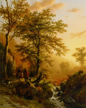 A Traveller and a Herdsman in a Mountainous Landscape by Barend Cornelis Koekkoek - Oil Painting Reproduction