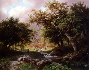 A Wooded Landscape with Figures Along a Stream by Barend Cornelis Koekkoek - Oil Painting Reproduction