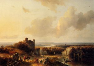 An Extensive River Landscape With Travellers On A Path And A Castle In Ruins In The Distance