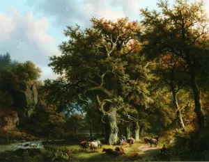 Cattle by a Stream by Barend Cornelis Koekkoek - Oil Painting Reproduction