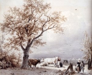 Cows in a Sunlit Meadow by Barend Cornelis Koekkoek Oil Painting