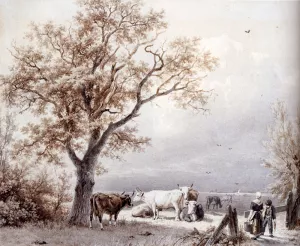 Cows in a Sunlit Meadow by Barend Cornelis Koekkoek Oil Painting