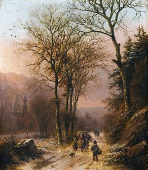 Figures on a winter road by Barend Cornelis Koekkoek Oil Painting