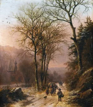 Figures on a winter road by Barend Cornelis Koekkoek Oil Painting