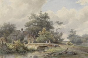 Landschap met stenen brug bij een huis by Barend Cornelis Koekkoek Oil Painting