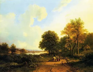 Peasants on a Path by a River by Barend Cornelis Koekkoek Oil Painting