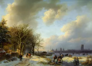 Skaters on a Waterway by Barend Cornelis Koekkoek - Oil Painting Reproduction