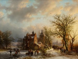 Winter landscape with wood gatherers and skaters by Barend Cornelis Koekkoek Oil Painting