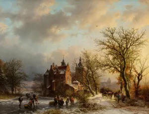 Winter landscape with wood gatherers and skaters by Barend Cornelis Koekkoek Oil Painting
