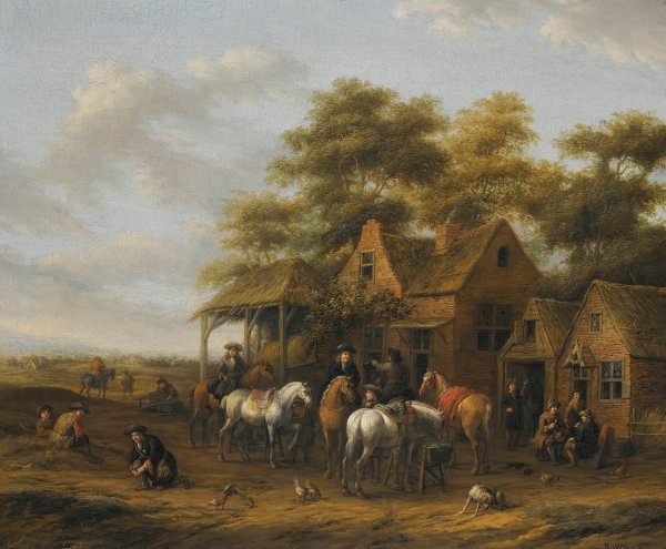Main Product Photo of Village Scene With Numerous Figures, Horses And Chickens Painting by Barent Gael