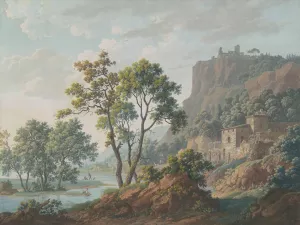 River Landscape with Castles and Fishermen by Baron Louis-Albert-Guillain Bacler D'Albe Oil Painting