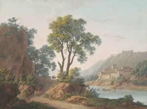 River Landscape with Castles and Travelers by Baron Louis-Albert-Guillain Bacler D'Albe Oil Painting
