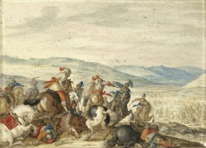 Cavalry Skirmish Mountainous Landscape Oil painting by Bartholomaus Dietterlin