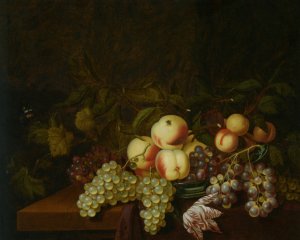 Still Life of Peaches and Grapes in a Porcelain Bowl with Butterfly Arranged on a Table Partly Draped with Cloth by Bartholomeus Assteyn Oil Painting