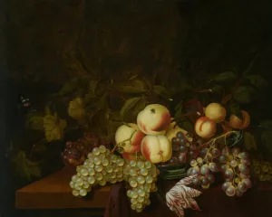 Still Life of Peaches and Grapes in a Porcelain Bowl with Butterfly Arranged on a Table Partly Draped with Cloth painting by Bartholomeus Assteyn