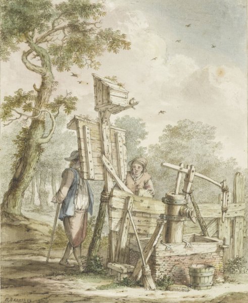 Landschap met twee mannen bij een aanplakbord bij een waterpomp, Bartholomeus Barbiers, after c. 1750 - 1808 by Bartholomeus Barbiers - Hand-Painted Oil Painting Reproduction